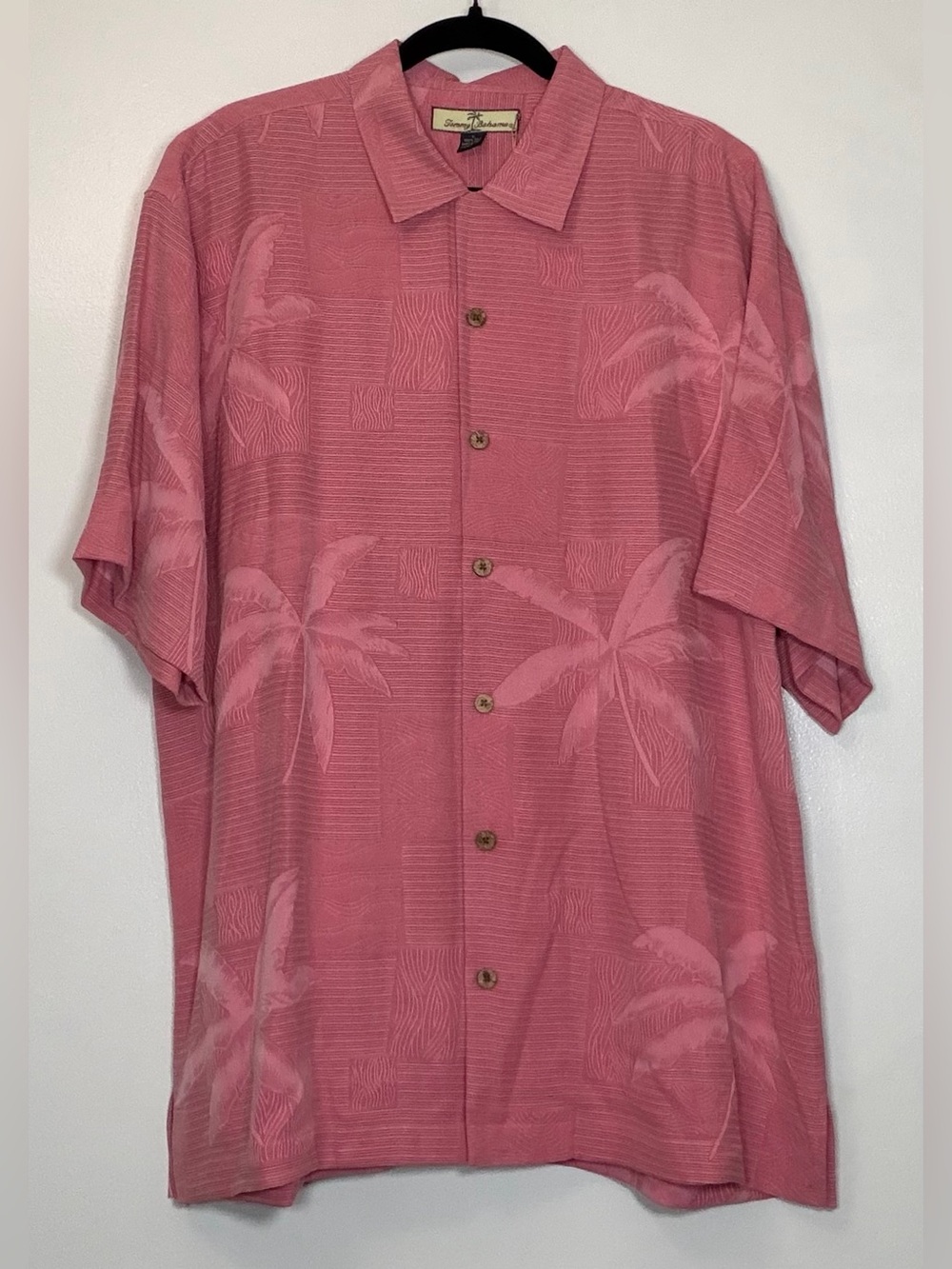 🆕 100% Silk Tommy Bahama Coral Pink Palm-Print Camp Shirt
